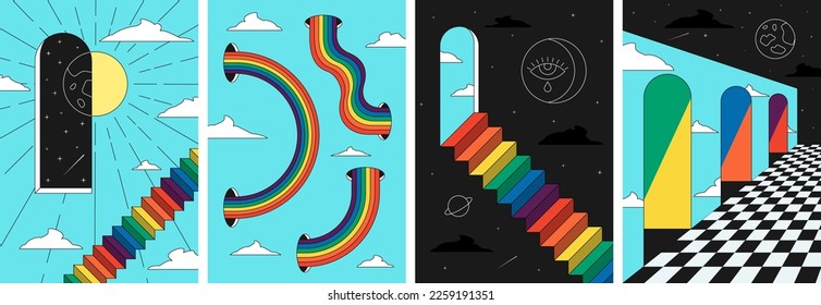 Póster de arte de las escaleras de la escalera de la escalera de arco iris retro. Sol y luna de estilo hippie en huellas cósmicas surrealistas. Universo boho vintage en carteles abstractos de ventana. Banderas de populares geométricas de la cultura pop de moda y2k