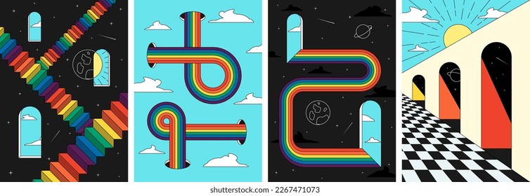 Retro groovy rainbow space stairs art poster set. Sun and moon in window surreal cosmic prints. Vintage boho universe abstract placards. Trendy y2k pop culture banners. Vector geometric eps wallpaper