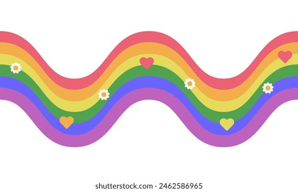 Retro Groovy Regenbogen Wave Streifen Hintergrund LGBTQ Pride Monat. Abstrakte Wellenform Y2K Ästhetik. Mehrfarbiges LGBT-Flagdesignelement. Vektorillustration 