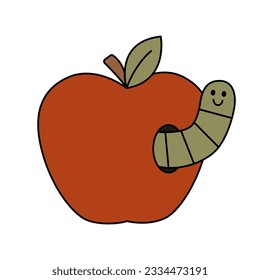Retro groovy red apple with worm peeking out of hole. Fruit with caterpillar inside. Cartoon isolated vector illustration