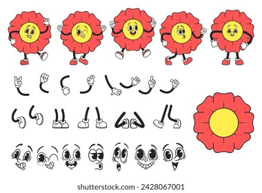 Retro Groovy Red Daisy Character Builder. Vibrant Vector Collection Of 70s or 60s-inspired Comic Chamomile Parts, Faces