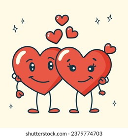 Retro groovy red hearts characters. Two loving hearts hug each other. Retro valentines day. Trendy 60s, 70s, 80s style.	