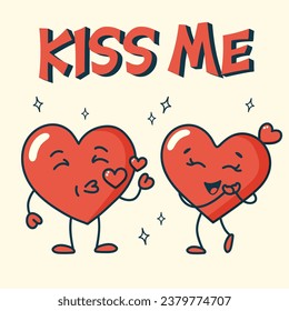 Retro groovy red hearts characters. Two loving hearts and air kiss. Kiss me lettering. Retro valentines day. Trendy 60s, 70s, 80s style.	