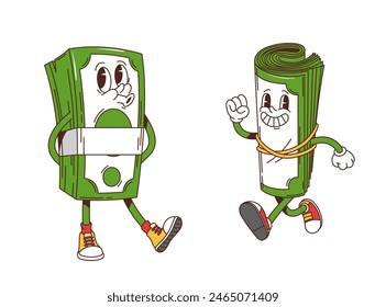 Retro groovy rolled banknotes characters. Vector money bill personages in hippie y2k style, one appears joyful and running, the other looks carefree, both with happy facial expressions and sneakers