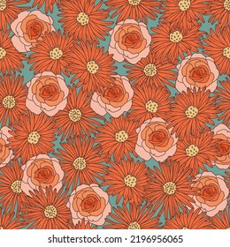 Retro Groovy Rose and Daisies Vector Seamless Pattern