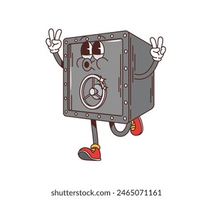 Retro groovy Safe Vault Strongbox-Zeichen. Vereinzelte Cartoon-Vektorgrafik-Comic-Hippie-Y2K-Persönlichkeit mit roten Schuhen, großen Augen, einem freundlichen Gesicht, einem aufblitzenden Friedenszeichen und einer skurrilen, fröhlichen Pose