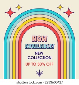 Retro groovy sale post template in trendy y2k style. Nostalgic 90s square banner with rainbow for social media.