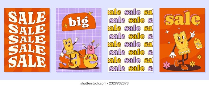 Retro groovy sale posters with discount coupon and bag characters. Vector background, cards in trendy cartoon style. Waves, mesh, twisted texture, Y2k aesthetic. A4 social media template set