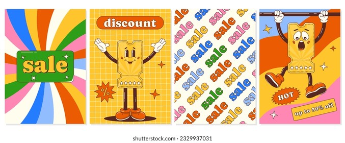 Retro groovy sale posters with discount coupon characters. Vector background, cards in trendy cartoon style. Waves, mesh, twisted texture, Y2k aesthetic. A4 social media template set for business
