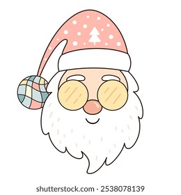 Retro groovy Santa Claus clipart. Cute Christmas character. Hand draw vector illustration in flat style