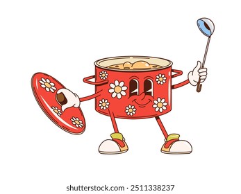 Retro groovy saucepan oder Küchenutensilien Charakter, Vektor Cartoon Comic. Groovy funky Topf oder Kochtopf mit glücklichem Lächeln auf Gesicht und Pfanne Löffel für Küche Kochgeschirr Emoji Charakter