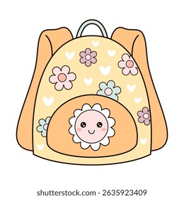 Retro groovy school bag, kids school backpack, Back to school clipart, cute hand drawn vector illustration in flat style	