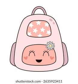 Retro groovy school bag, kids school backpack, Back to school clipart, cute hand drawn vector illustration in flat style	