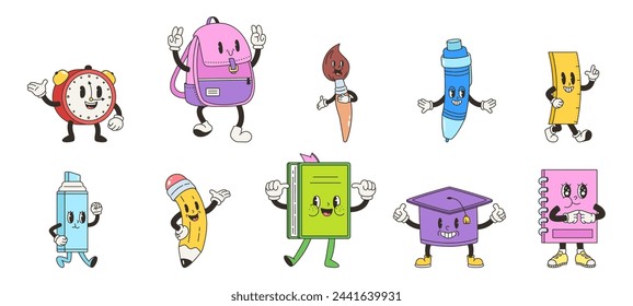 Personajes de la escuela retro. Emocional cuaderno funky, pluma y libro. Bolso escolar, rotulador y cepillo. Papelería positiva ajustada vector clipart