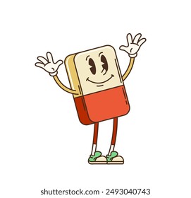 Retro groovy school eraser character. Isolated cartoon vector eraser tool dancing with cheerful smile and raised hands. School or office rubber educational stationery personage evoking nostalgia vibes