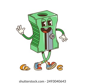 Retro groovy school pencil sharpener character. Isolated cartoon vector personage with playful expression, wearing shoes, and surrounded by pencil shavings, embodies creativity and childhood nostalgia