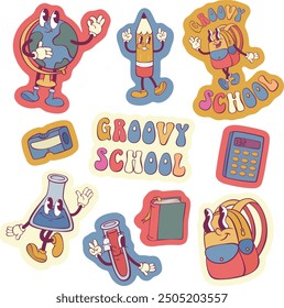Retro groovy school stickers design