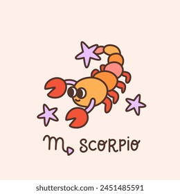 Retro groovy Scorpio, zodiac sign. Scorpion animal in astrology, horoscope symbol in vintage style. Scorpius constellation. Cartoon character isolated vector illustration. Hippie 60s, 70s design