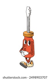 Retro groovy screwdriver tool character. Isolated cartoon vector repair and working equipment, screwdriver personage with a relaxed expression, wearing sneakers, exuding a helpful and easygoing vibe