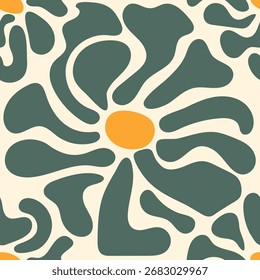 Retro groovy seamless pattern with abstract teal flowers and orange centers on a cream background, featuring organic shapes.