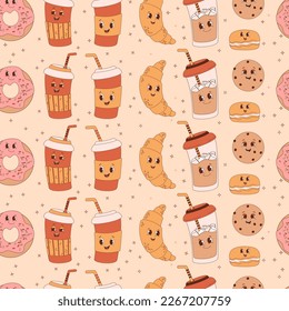 Retro groovy seamless pattern. Cartoon characters coffee in paper cups, donut, croissant and cookies on light yellow background. Vector Illustration for wallpaper, design, textile, packaging, decor