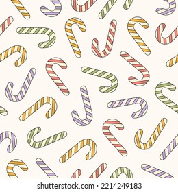 Retro groovy seamless pattern with christmas sweets on a white background. Pastel colors. Trendy vector illustration in style 60s, 70s