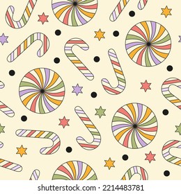 Retro groovy seamless pattern with christmas sweets on a beige background. Pastel colors. Trendy vector illustration in style 60s, 70s