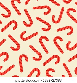 Retro groovy seamless pattern with christmas sweets on a beige background. Red and beige colors. Trendy vector illustration in style 60s, 70s