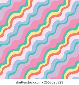 Retro groovy seamless pattern with colorful abstract wavy stripes.