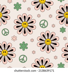 Retro groovy seamless pattern with cute smiling flowers and peace symbols on pastel background. Colorful trendy vector illustration in style 70s, 80s	