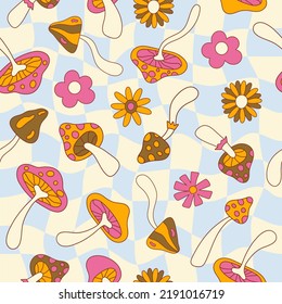 Retro groovy seamless pattern with cute flowers and mushrooms on a checkered  background. Vector illustration in style hippie 70s, 80s