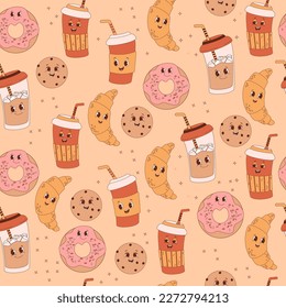Retro groovy seamless pattern. Cute characters of coffee in paper cup to go and cookies with pastries on beige background. Vector Illustration for wallpaper, design, textile, packaging, decor.
