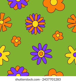 Patrón sin fisuras retro groovy con lindas flores de dibujos animados sobre un fondo verde. Textura vintage para el diseño de la tela, papel pintado, papel de embalaje.