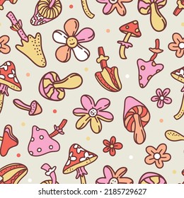 Retro groovy seamless pattern with daisy and mushrooms. Vector illustration with 70s vibe