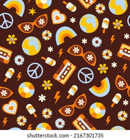 Retro groovy seamless pattern with hippie elements on a brown background. Vector illustration in style 70s, 80s