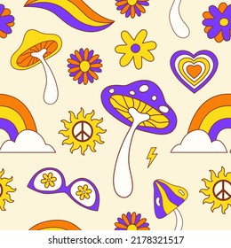 Retro groovy seamless pattern with hippie elements on a light background. Vector illustration in style 70s, 80s