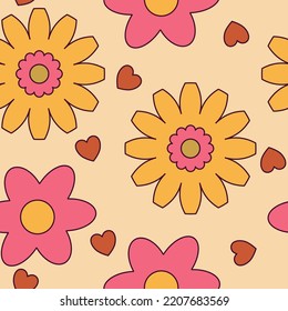 Retro-Movie nahtlos Muster, hippy Design 70s. Modernes Muster mit Blumen. Retro 60er 70er Jahre psychedelisches Design. Vintage, floraler Hintergrund