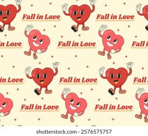Retro Groovy Seamless Pattern with Lovely Hearts Character shape . Love concept. Happy Valentines day background with Text Fall in Love. Funky abstract background in trendy retro 60s 70s style