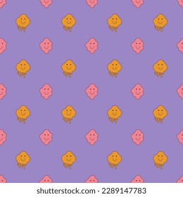 Retro groovy seamless pattern with melt smiles. Funny psychedelic surreal pattern texture with smiley faces trippy. Vector illustration in cartoon hand drawn style
