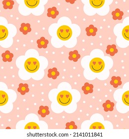 Retro  groovy seamless pattern with smiling flowers on a pastel background. Cute colorful trendy vector illustration in style 60s, 70s	