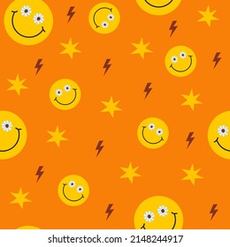 Retro groovy seamless pattern with smiling faces on a orange background. Cute colorful trendy vector illustration in style 60s, 70s	