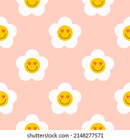 Retro Groovy Seamless Pattern With Smiling Flowers On A Peach Background. Cute Colorful Trendy Vector Illustration In Style 60s, 70s	