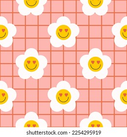 Retro groovy seamless pattern with smiling flowers on a  checkered background. Cute colorful trendy vector illustration in style 60s, 70s