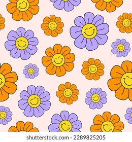 Retro groovy seamless pattern with smiling flowers on a light background. Cute colorful trendy vector illustration in style 60s, 70s