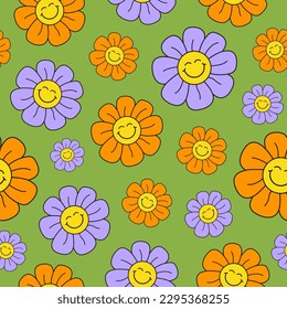 Retro groovy seamless pattern with smiling flowers on a green background. Cute colorful trendy vector illustration in style 60s, 70s