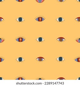 Retro groovy seamless pattern with trippy eyes 70s background. Funky boho psychedelic hippie vibes pattern. Vector illustration in cartoon hand drawn style