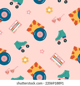 Retro groovy seamless pattern. Vector flat pattern with 60s, 70s elements.