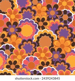 Retro groovy seamless pattern. Vintage background in style of hippie. 60s, 70s, 80s vector wallpaper. Colorful modern print for fabric, wrapping paper, stationery