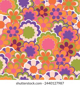 Retro groovy seamless pattern. Vintage background in style of hippie. 60s, 70s, 80s vector wallpaper. Colorful modern print for fabric, wrapping paper, stationery