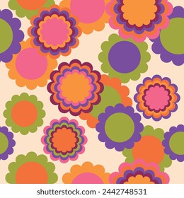 Retro groovy seamless pattern. Vintage background in style of hippie. 60s, 70s, 80s vector wallpaper. Colorful modern print for fabric, wrapping paper, stationery